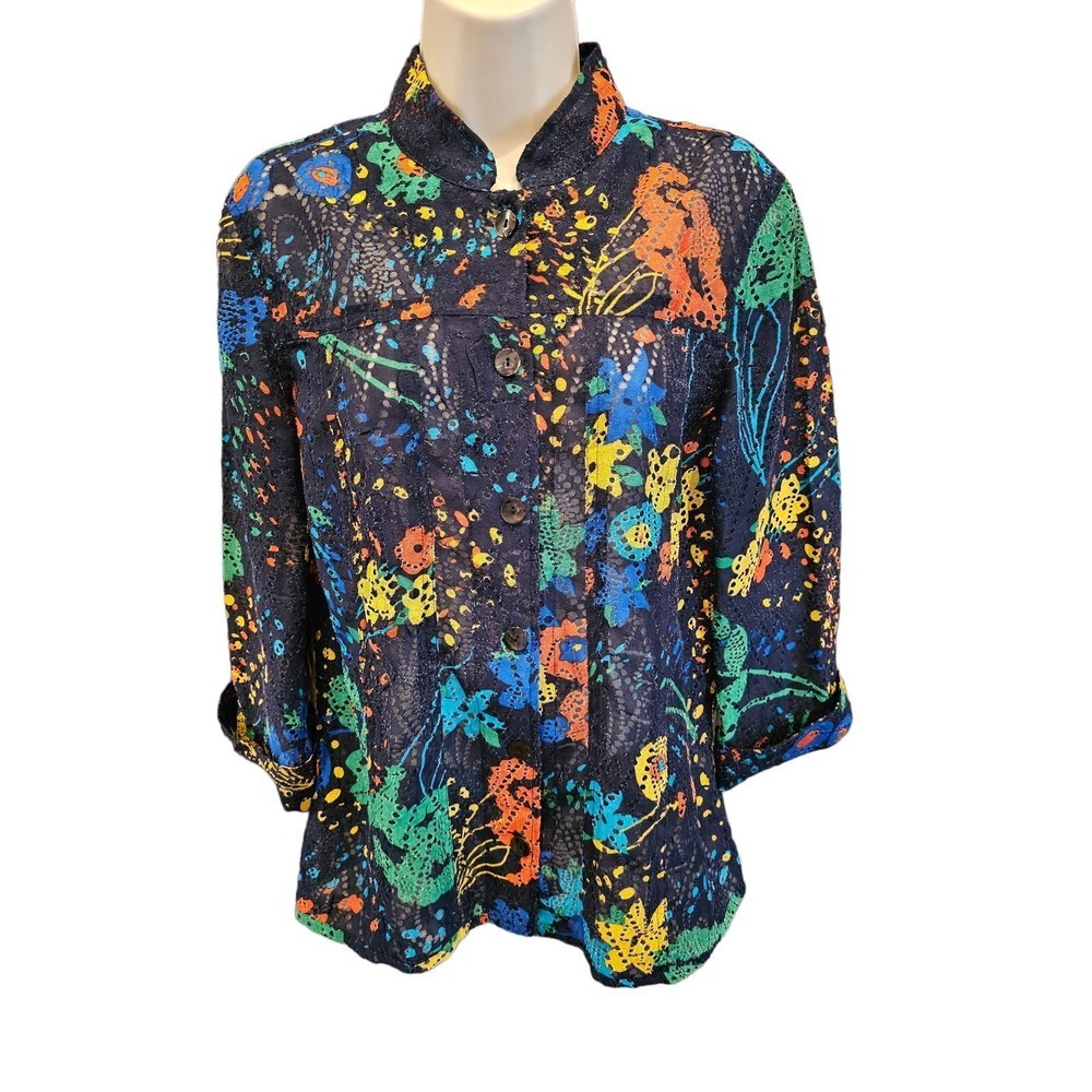 Multiples floral see through shaket button up EUC size small